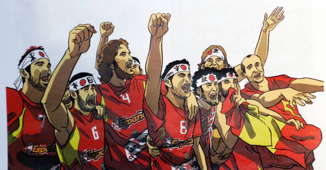 Imagen del cómic de la celebración de la selección española en el Mundial de Baloncesto de Japón 2006.