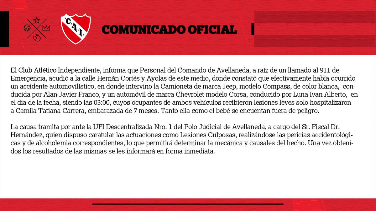 El comunicado de Independiente tras el choque de Alan Franco
