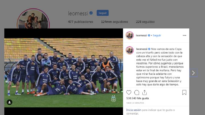 Después de su explosiva aparición en zona mixta, la estrella argentina mandó un mensaje a través de Instagram para dar por cerrada la Copa América.