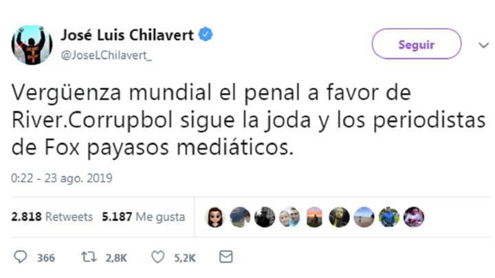 El ex futbolista comentó la acción del penal que revisó Carrillo en el VAR y que señaló a favor del equipo de Gallardo y no se guardó nada en su tweet.