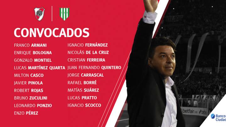 El Muñeco dio la lista de concentrados, sin sorpresas, y repetiría el equipo titular. Jorge Carrascal está en la nómina, mientras que Julián Álvarez no fue incluido.