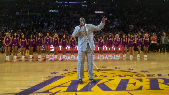 Shaquille O'Neal, durante el homenaje que le brindaron los Lakers esta semana.