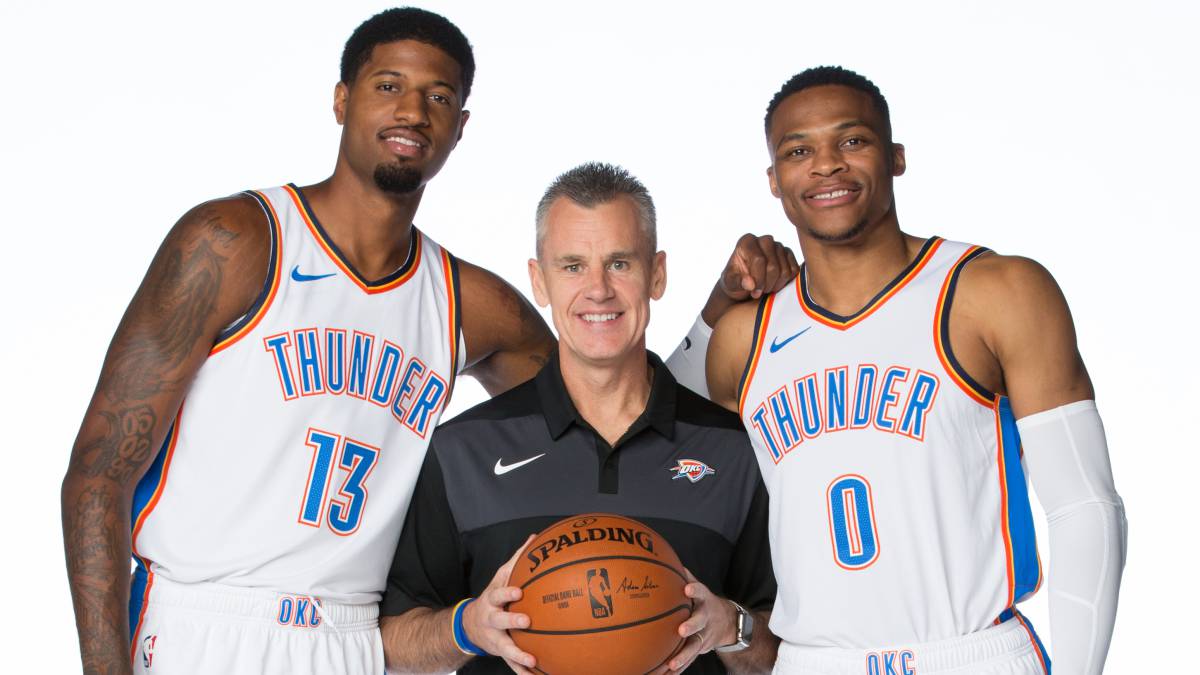 Paul George, Billy Donovan y Russell Westbrook