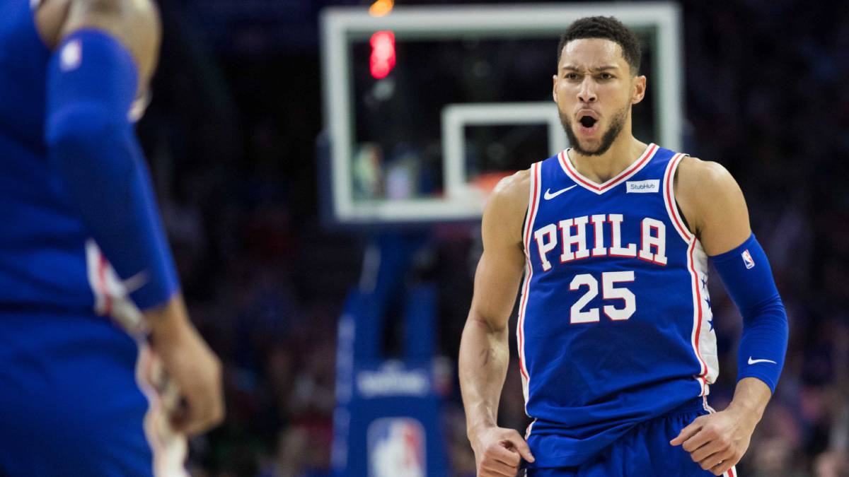 Ben Simmons celebra la victoria ante Boston Celtics.