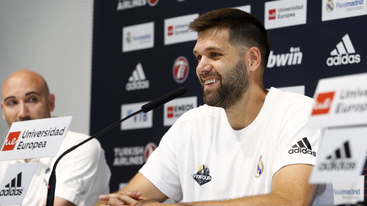 Felipe Reyes, capitán del Real Madrid, durante la rueda de prensa.