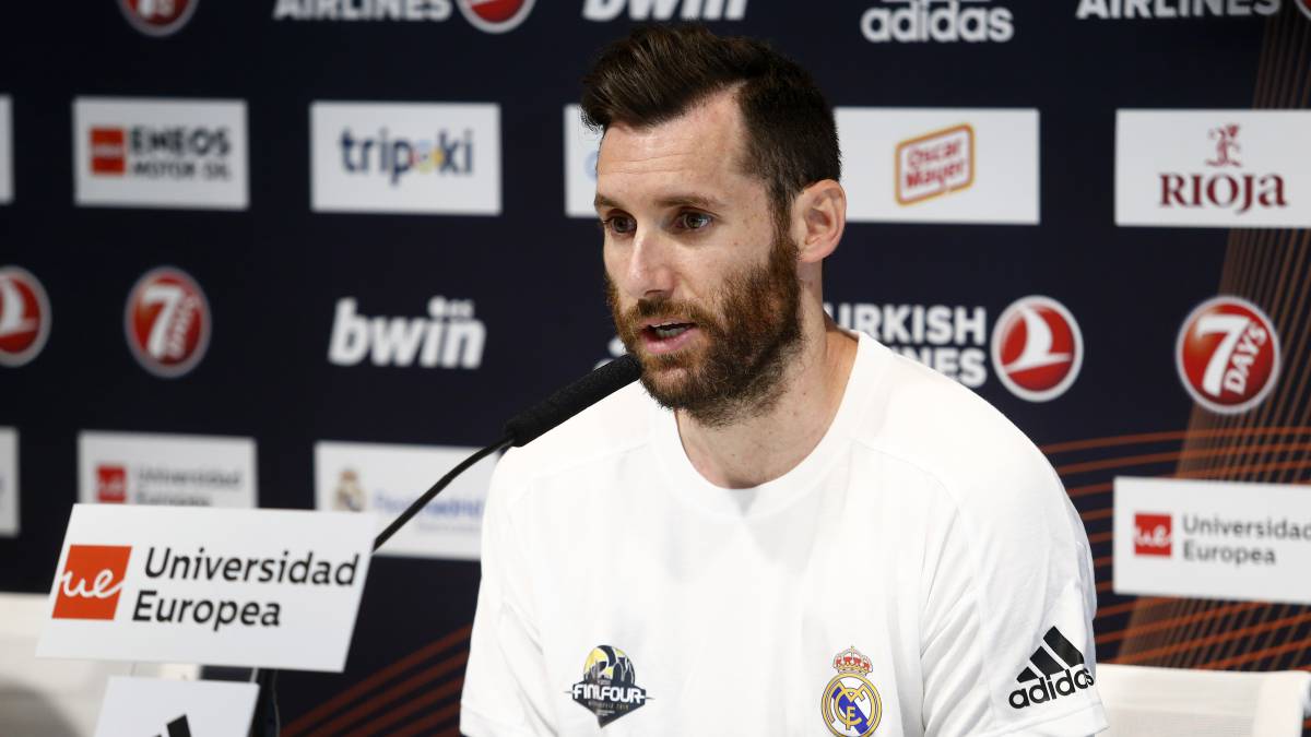 Rudy Fernández, jugador del Real Madrid, durante la rueda de prensa.