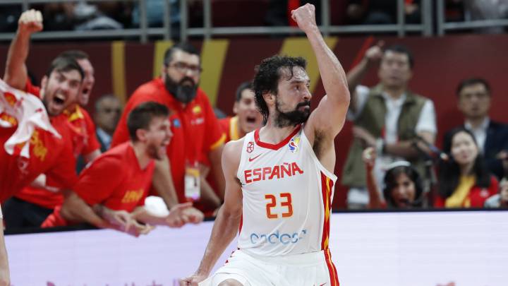 Sergio Llull, tras un triple frente a Australia.