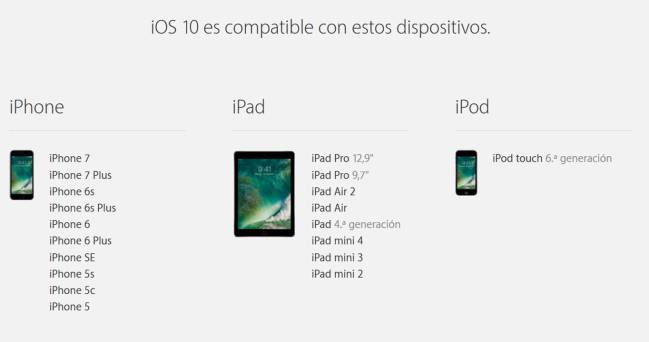Modelos compatibles iOS 10