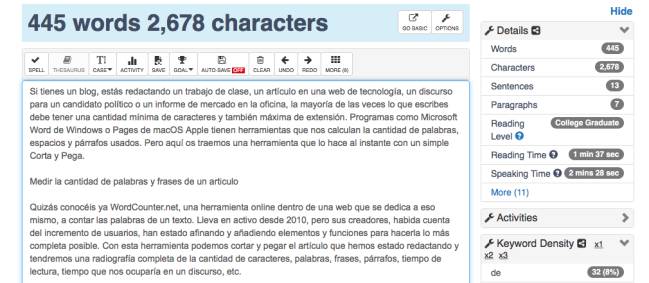Interfaz de Word Counter y ejemplo de sus funciones con este mismo artículo que estáis leyendo