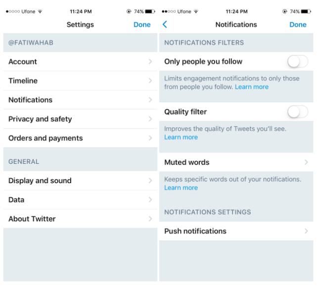 La opción del filtro de calidad en la app de Twitter.