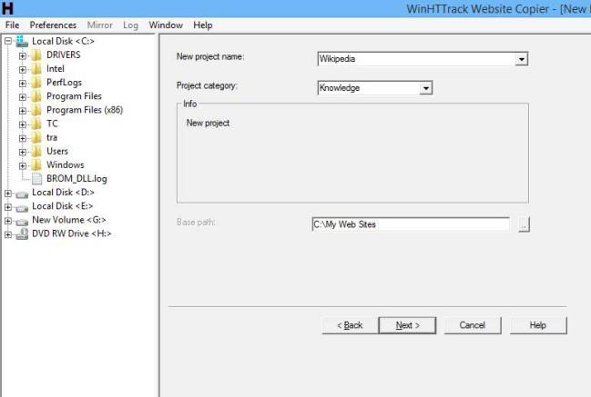 Interfaz de HTTrack, software para bajar una página web