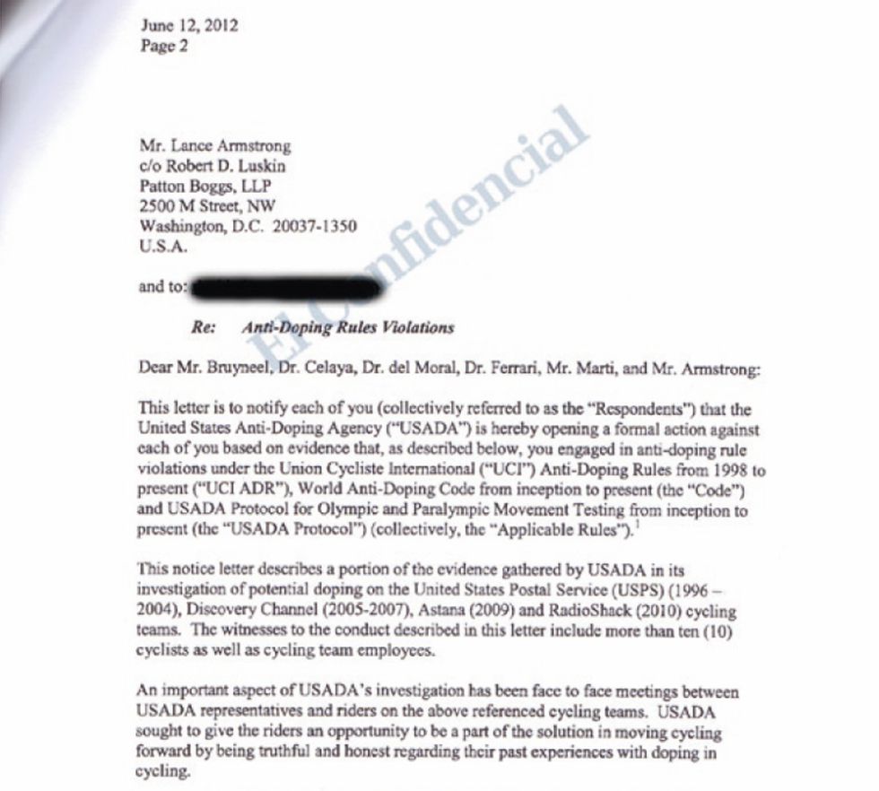 La USADA comunicó en junio a Armstrong sus cargos de dopaje
