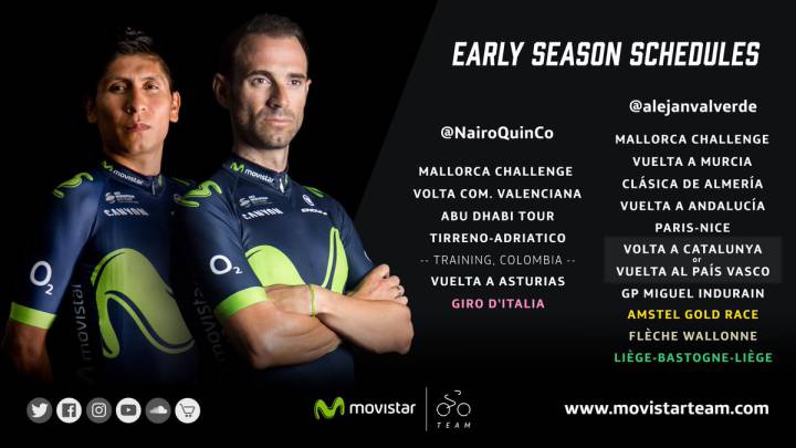 El equipo Movistar presentó los calendarios para 2017 de Nairo Quintana (que correrá Giro y Tour) y Alejandro Valverde (que correrá Tour y Vuelta).