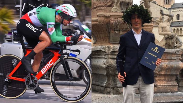 Manuel Quinziato rueda con el maillot de campeón de Italia contrarreloj y posa con su título de doctor en Derecho.