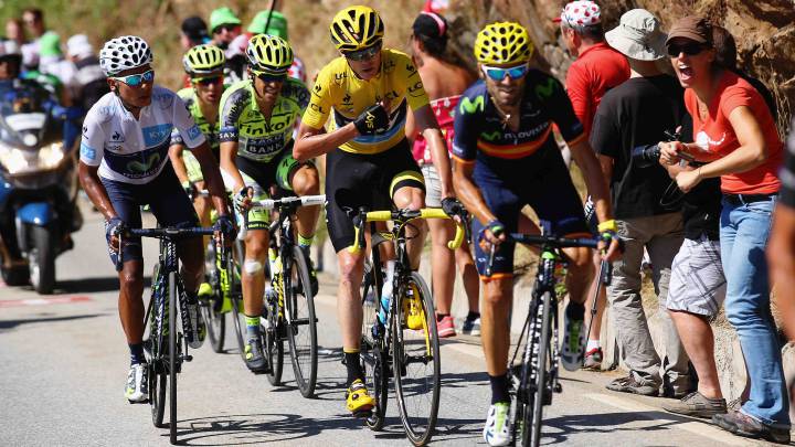 Alejandro Valverde, Chris Froome, Nairo Quintana y Alberto Contador suben Alpe d´Huez en el Tour de Francia 2015.