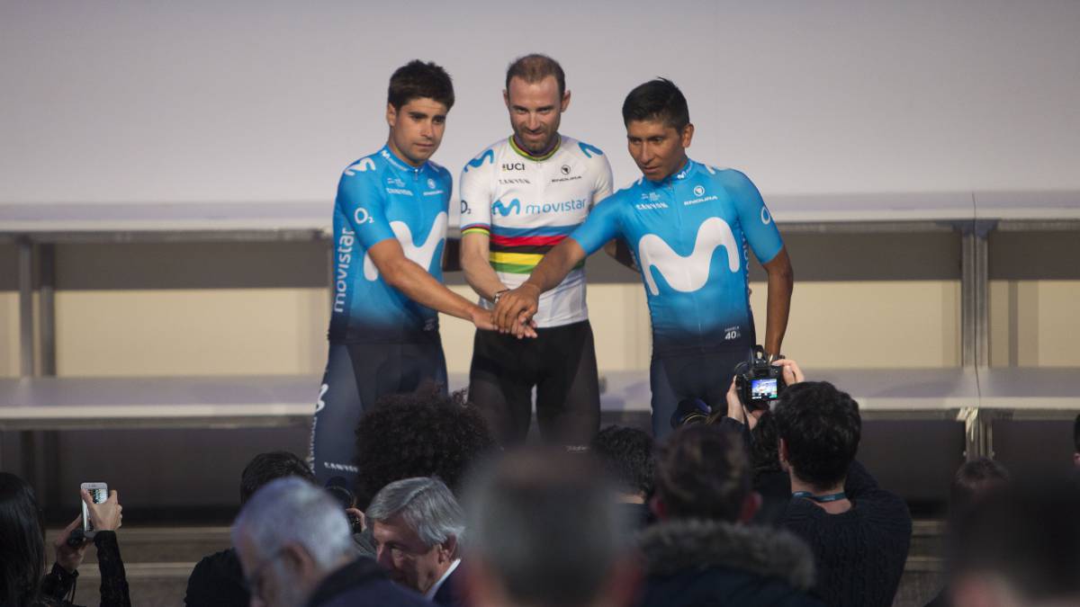 Mikel Landa, Alejandro Valverde y Nairo Quintana, durante la presentación del Movistar para la temporada 2019.