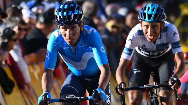 Nairo Quintana y Egan Bernal ruedan durante la París-Niza 2019 en la llegada al Col de Turini.