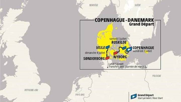 Plano del recorrido de las tres primeras etapas del Tour de Francia 2021 en Dinamarca.