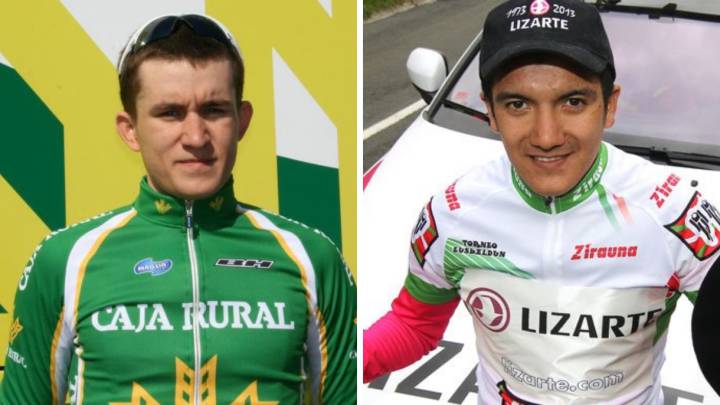Michal Kwiatkowski y Richard Carapaz con los maillots del Caja Rural y el Lizarte.