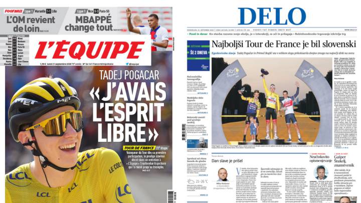 Portadas de L'Équipe y Delo del 21 de septiembre de 2020 con el triunfo de Tadej Pogacar en el Tour.