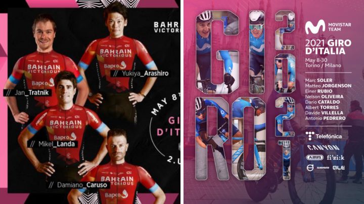 Carteles de los equipos del Bahrain-Victorious y del Movistar para el Giro de Italia con Mikel Landa y Marc Soler como líderes.