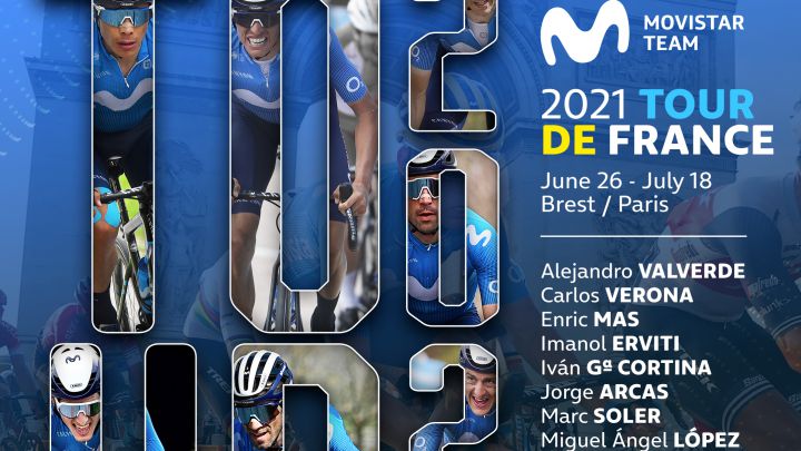 Cartel con la alineación del Movistar para el Tour de Francia 2021 con Enric Mas, Alejandro Valverde, Marc Soler y Miguel Ángel López.