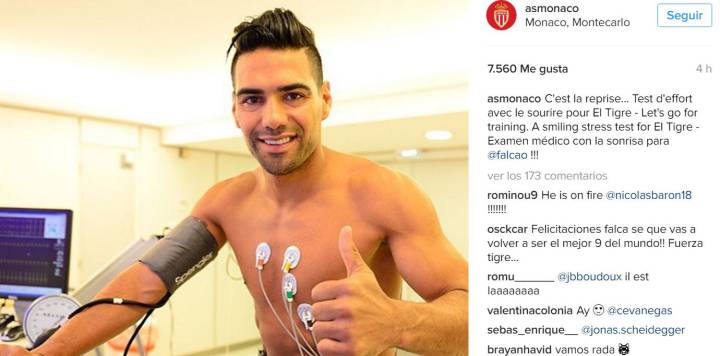 Radamel Falcao García compartió en su cuenta de Instagram una foto en la que realiza pruebas médicas para la nueva temporada con Mónaco.