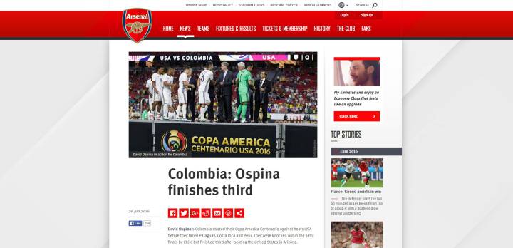 Arsenal destaca el tercer lugar de Ospina con Colombia