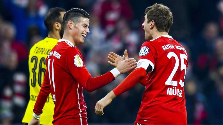 James Rodríguez y Thomas Müller en el triunfo 2-1 ante Borussia Dortmund