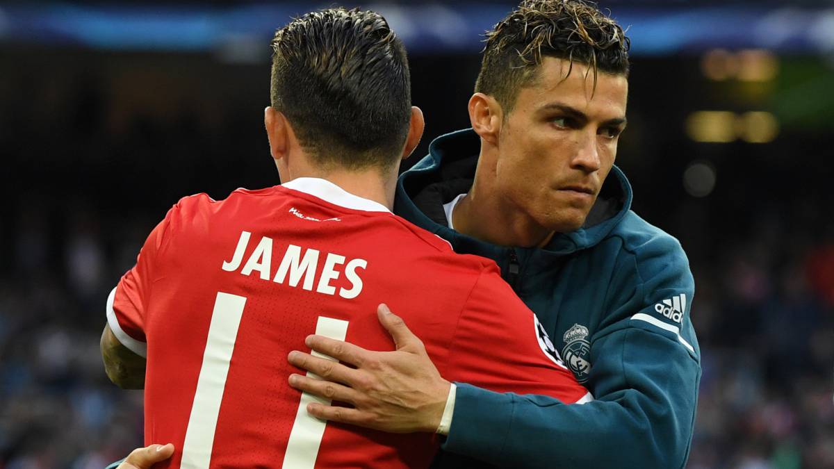 James Rodríguez y Cristiano Ronaldo en el previo del Real Madrid-Bayern Múnich