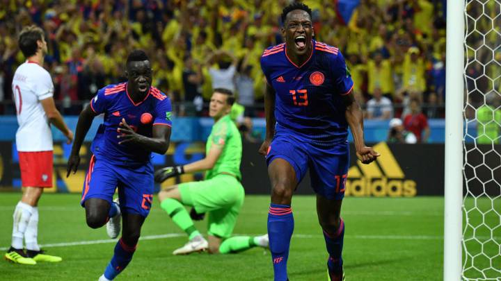 Yerry Mina marca el primer gol de Colombia ante Polonia en la segunda jornada del Grupo H del Mundial de Rusia 2018