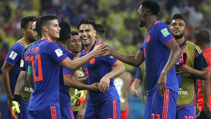 Celebración de un gol de Colombia ante Polonia en el Mundial