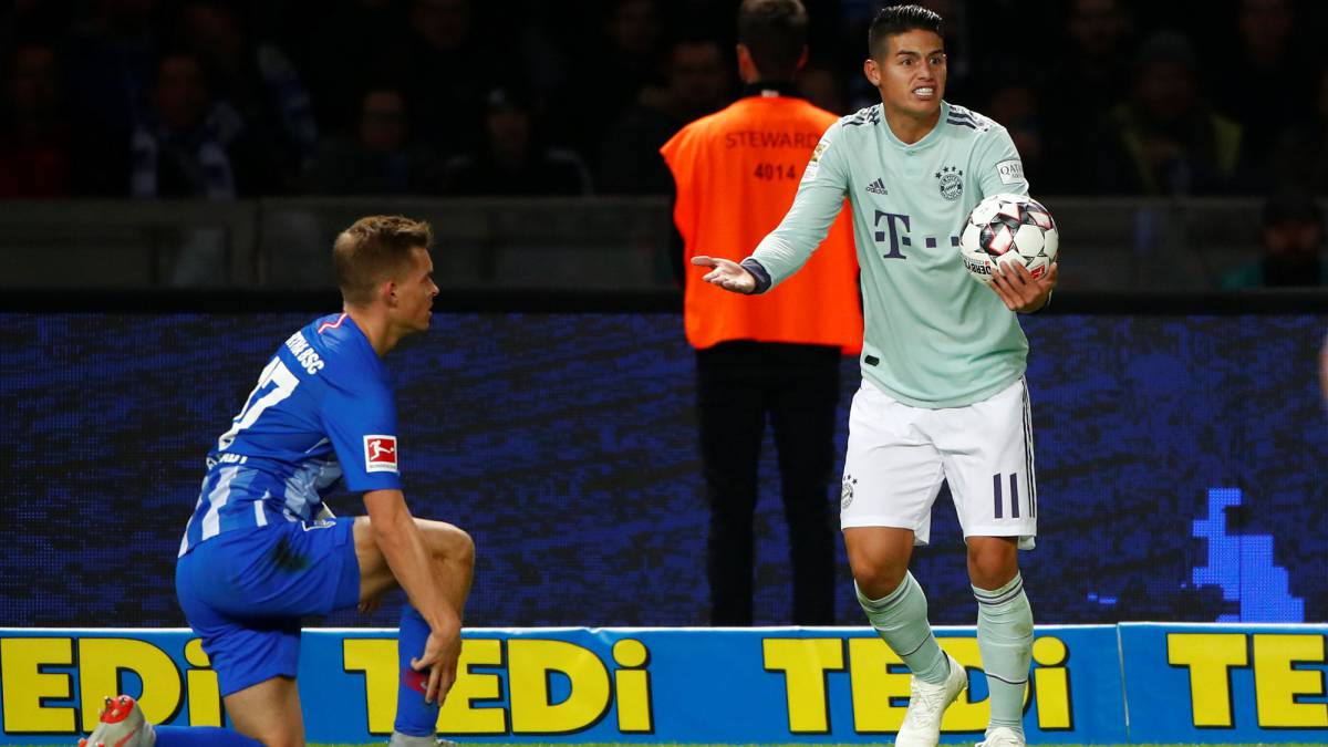 James jugó 71 minutos en la derrota del Bayern frente al Hertha en Bundesliga
