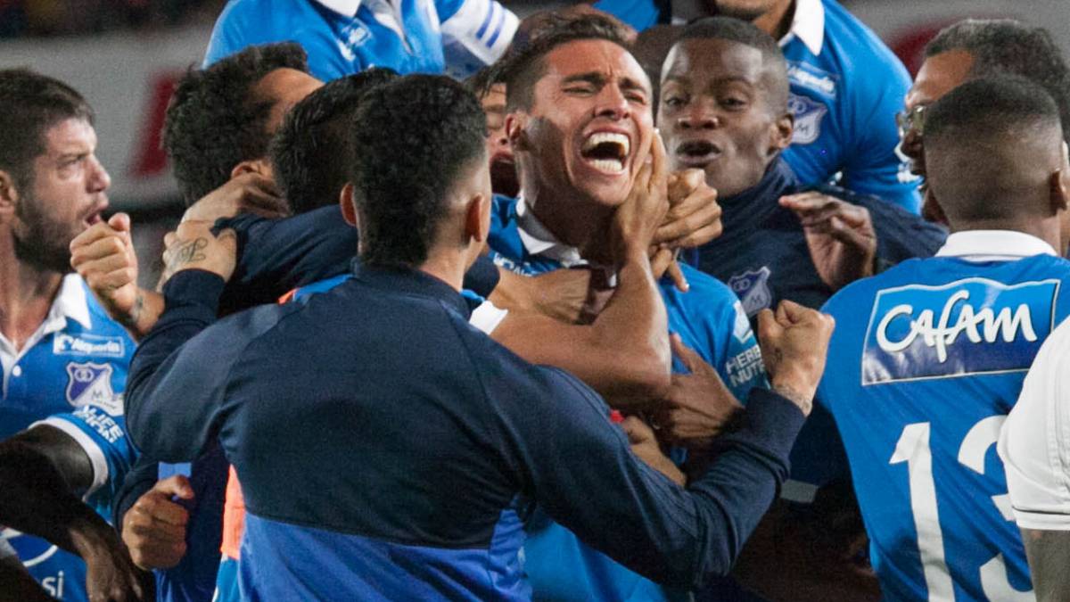 Henry Rojas celebra el gol del título con Millonarios