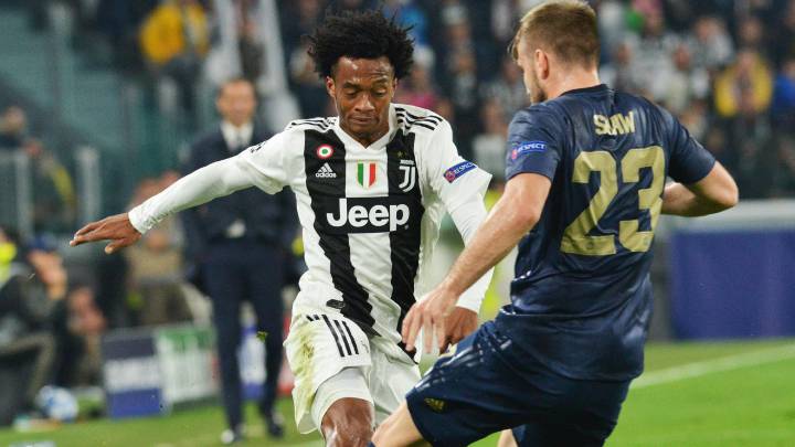 Juan Cuadrado y Luke Shaw en Juventus vs Manchester United