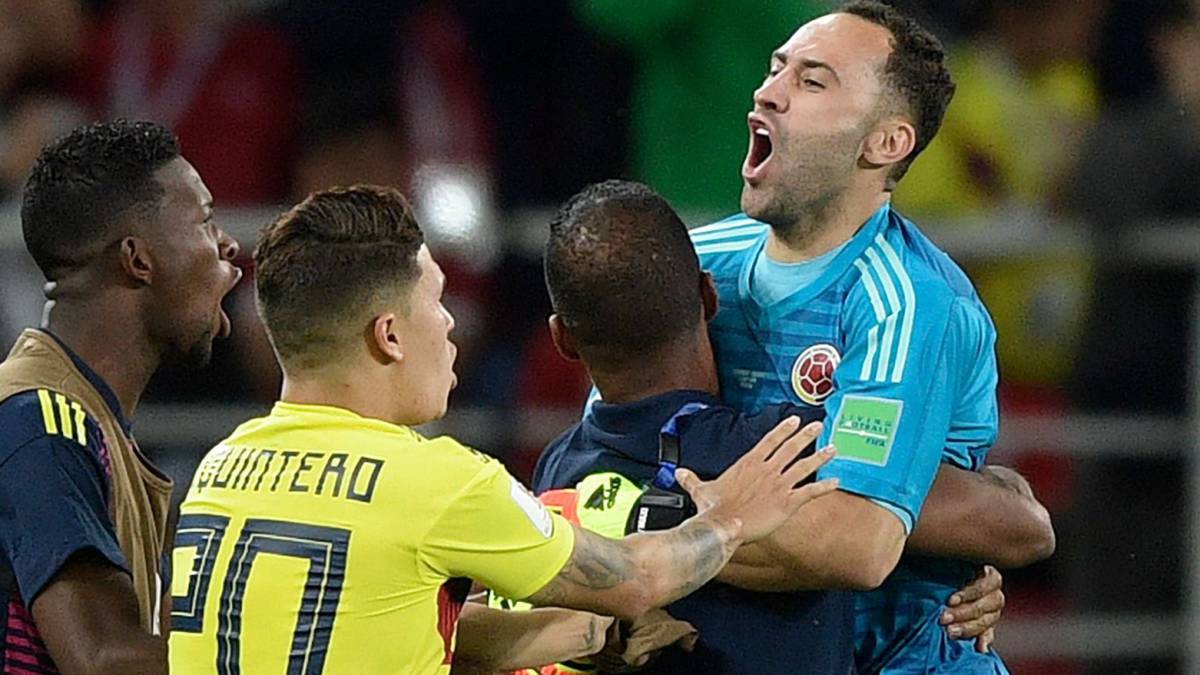David Ospina celebra el gol de Yerry Mina ante Inglaterra en el Mundial de Rusia 2018