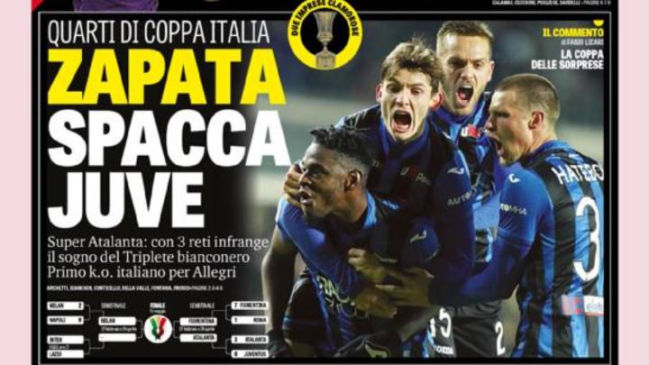 Portada de la Gazzetta dello Sport con la celebración de un gol de Duván Zapata, figura del triunfo de Atalanta sobre Juventus por Copa Italia