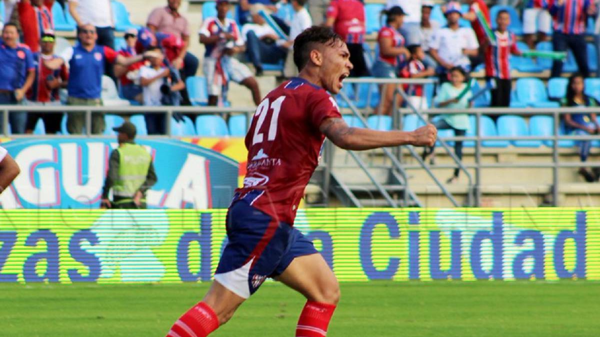 Ricardo Márquez celebrando un gol con Unión Magdalena en la Liga Águila I-2019.