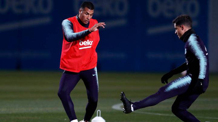Jeison Murillo y Coutinho en el entrenamiento del Barcelona