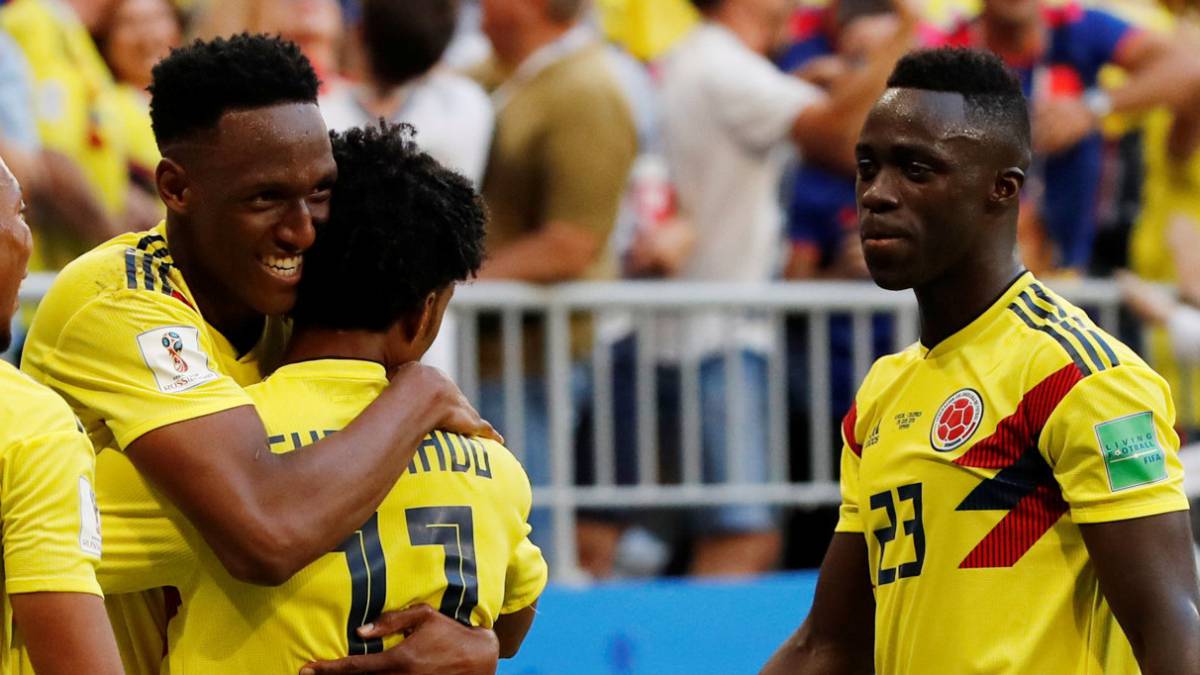 Yerry Mina celebra su gol ante Senegal con sus demás compañeros de la Selección Colombia durante el Mundial de Rusia 2018