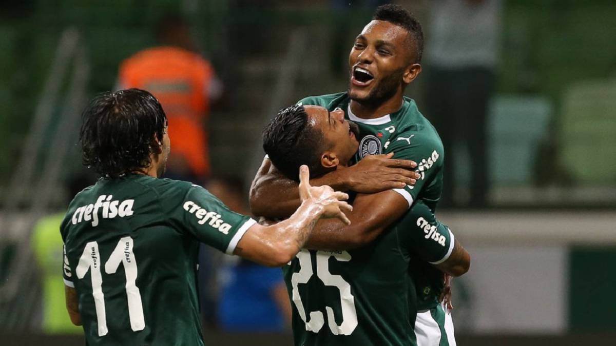 Miguel Borja celebra un con Palmeiras durante el torneo Paulista 2019
