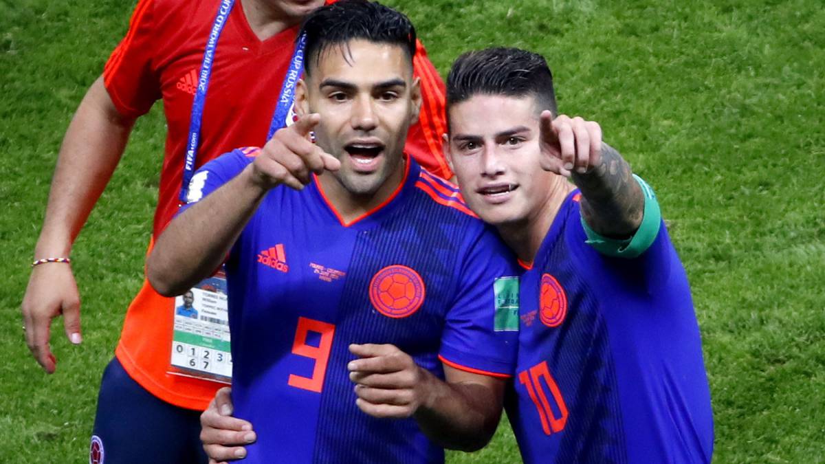 Falcao y James en el triunfo contra Polonia en Rusia 2018