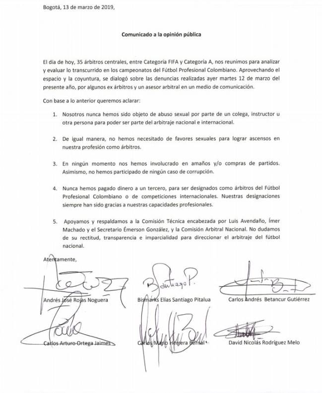 En un comunicado oficial 35 árbitros de Colombia rechazan acusaciones de abuso sexual y apoyan a la comisión técnica.