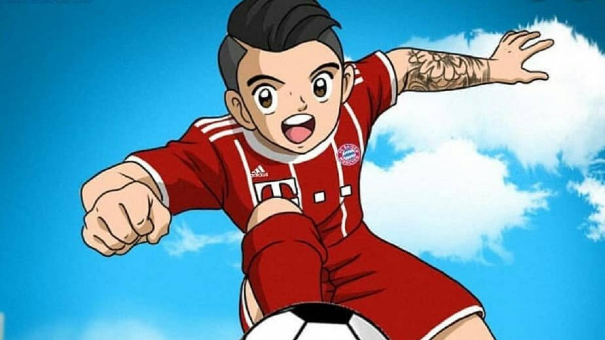 Caricatura del volante colombiano, James Rodríguez, en la que se le compara con Oliver Atom.
