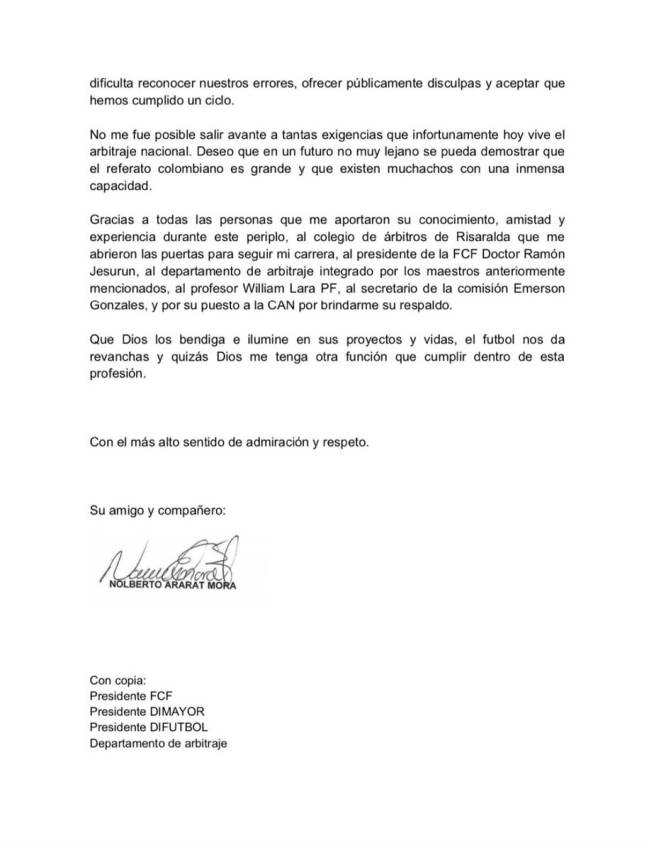 Carta de renuncia del árbitro Nolberto Ararat tras 15 años de carrera.