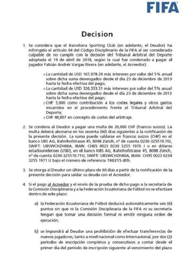 Comunicado de la FIFA respecto al caso de Fabían Vargas con Barcelona de Ecuador.