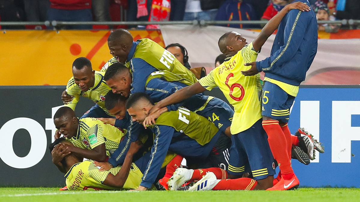 Jugadores de la Selección Colombia Sub 20 tras el triunfo sobre Polonia en el Mundial