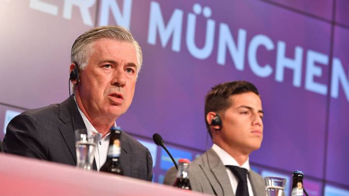 Ancelotti y James en la presentación del jugador en Múnich