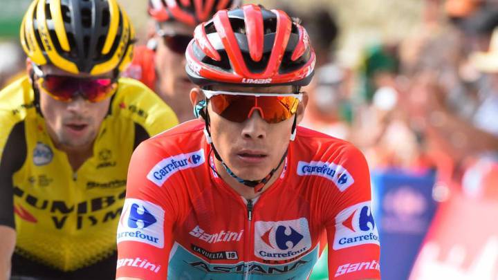 Miguel Ángel López con la camiseta de líder de La Vuelta España 2019