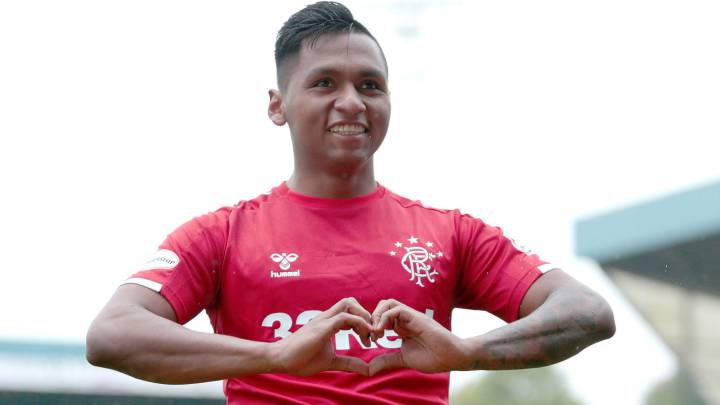 Alfredo Morelos celebra el gol que anotó en el triunfo 4-0 de Rangers ante St. Johnstone